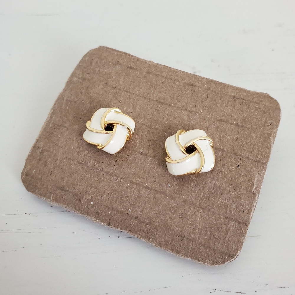 Vintage Anne Klein White Enamel Love Knot Stud Earrings
